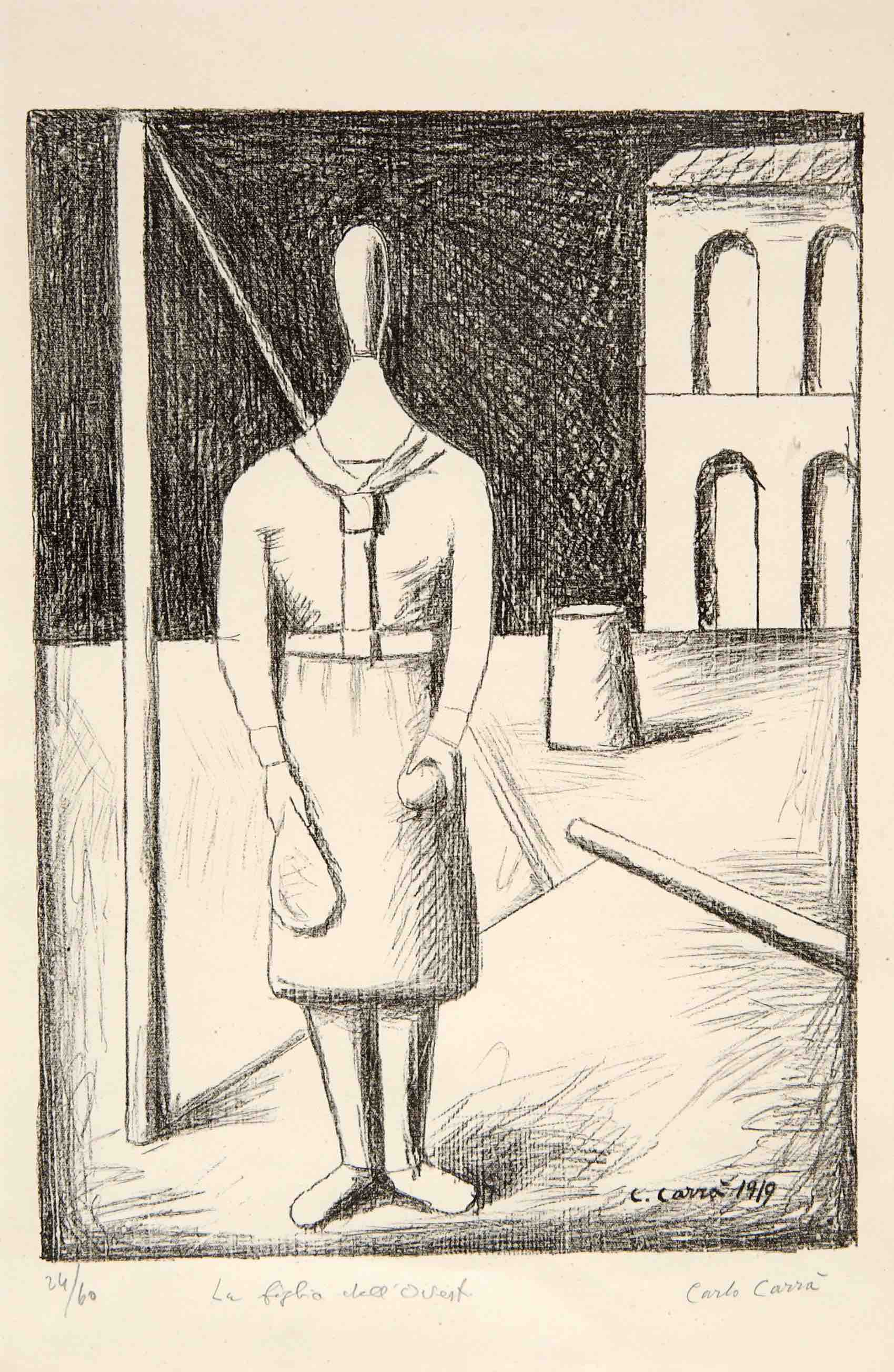 Carlo Carrà, La figlia dell’Ovest o La fanciulla dell’Ovest (1919-1949; litografia su zinco, 35,9 x 25,8 cm)
Carlo Carrà, La figlia dell’Ovest o La fanciulla dell’Ovest (1919-1949; litografia su zinco, 35,9 x 25,8 cm)