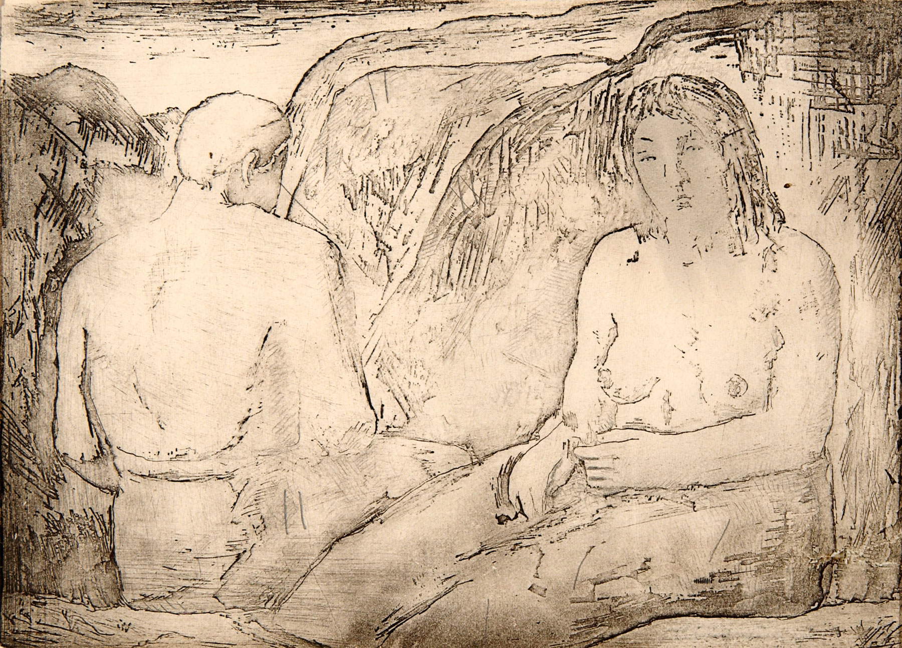 Carlo Carrà, Gli amanti (1927; acquaforte–acquatinta su rame, 24,7 x 33,9 cm)
Carlo Carrà, Gli amanti (1927; acquaforte–acquatinta su rame, 24,7 x 33,9 cm)