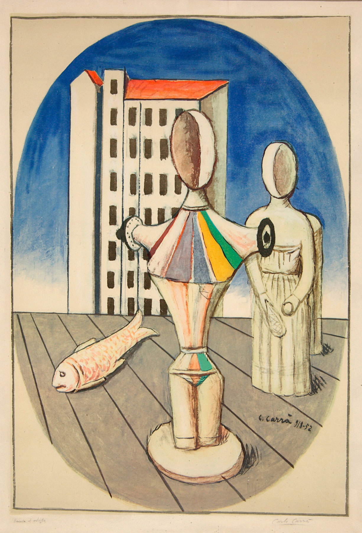 Carlo Carrà, L’ovale delle apparizioni (1918-1952; litografia a sei colori su zinco, 68 x 46,8 cm)
Carlo Carrà, L’ovale delle apparizioni (1918-1952; litografia a sei colori su zinco, 68 x 46,8 cm)