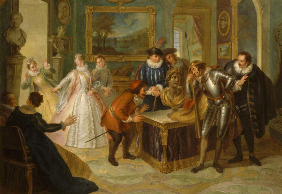 Charles Coypel, Don Quixote consults the enchanted bust in the palace of Don Antonio Moreno, cartoon for the tapestry of the Don Quixote series (1732; oil on canvas, 158 x 185 cm; Paris, Palais Imp&eacute;rial de Compi&egrave;gne, on long-term loan from the Louvre)