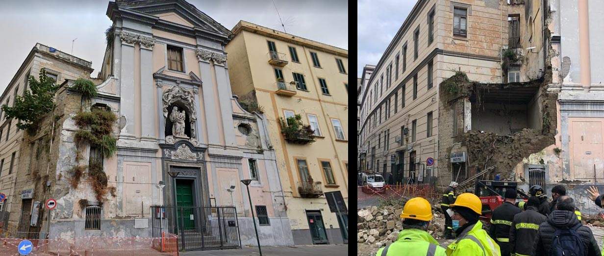 Naples, partial collapse of the facade of the Rosariello, an important 17th century church
