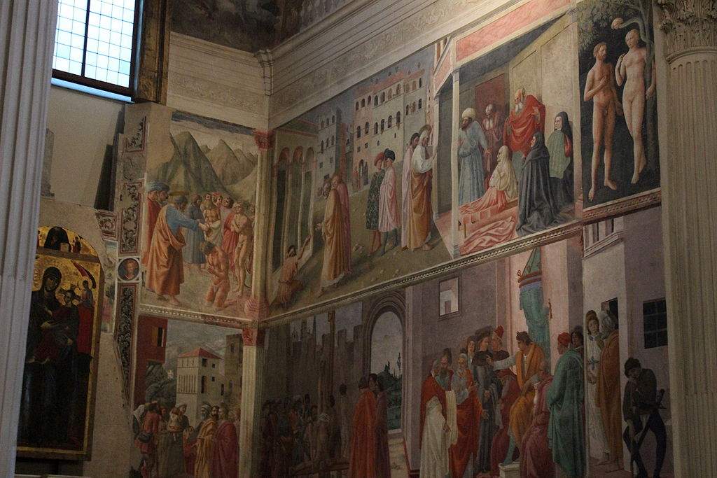 Florence, début de la restauration de la chapelle Brancacci. Les fresques sont visibles sur les échafaudages.