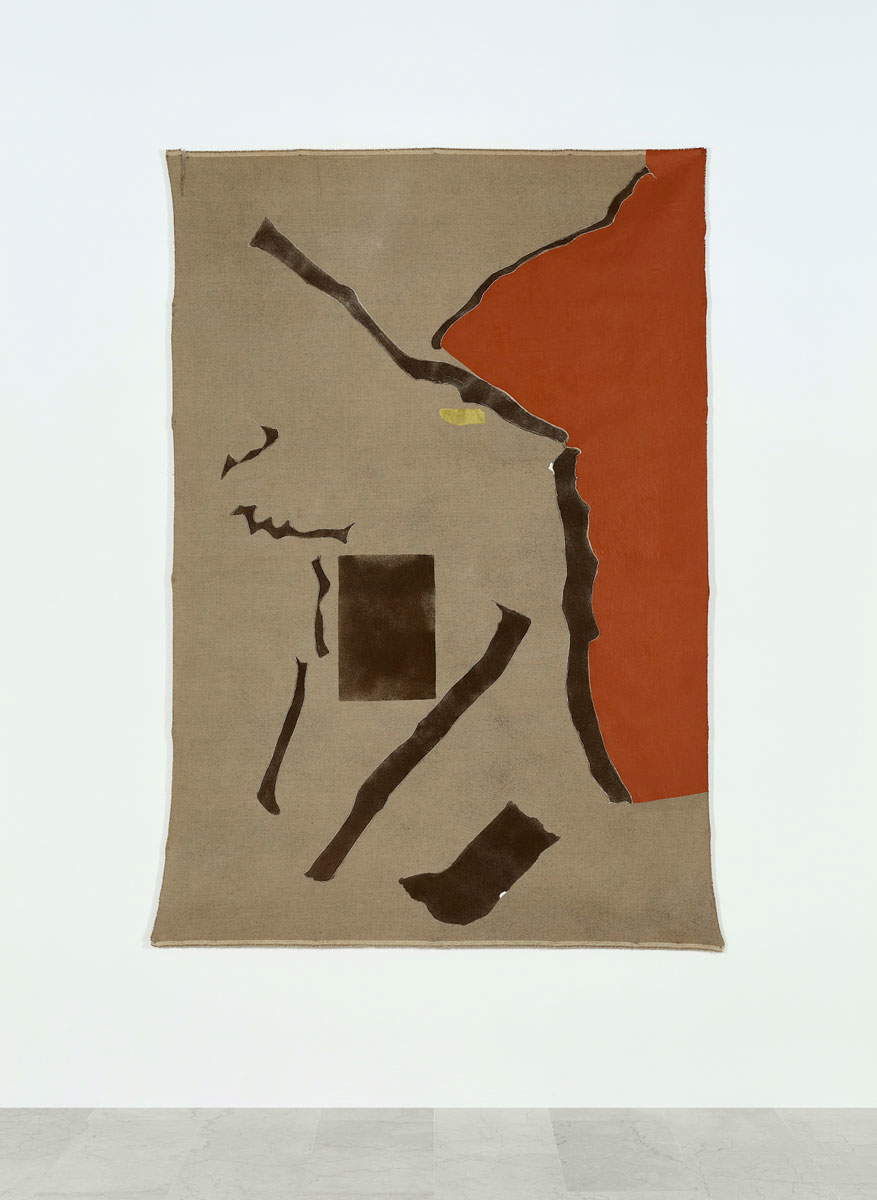 Francis Offman, Untitled (2021; acrylic, ink, coffee grounds, 100% cotton, Bologna chalk on linen)