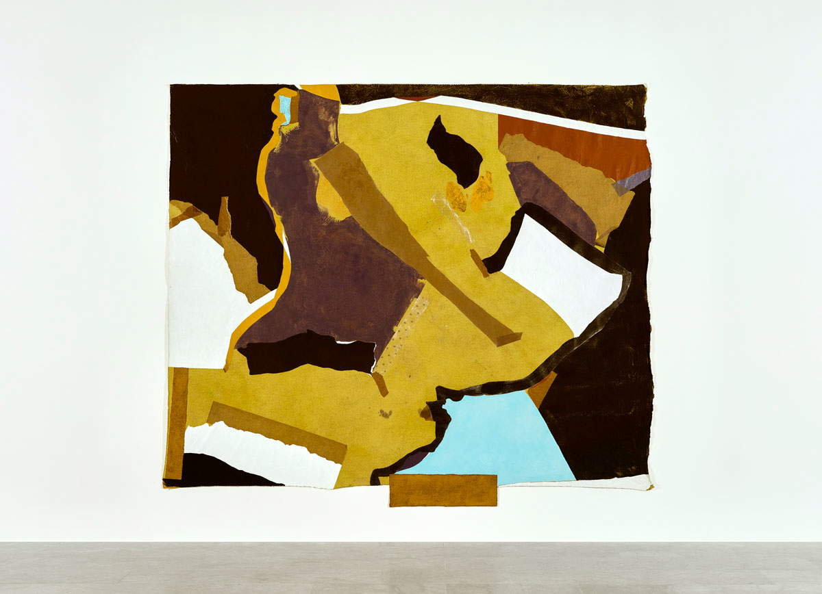 Francis Offman, Untitled (2021; Acrylic, ink, paper, linen, coffee grounds, Bologna chalk on 100% cotton, 232 x 272 cm)