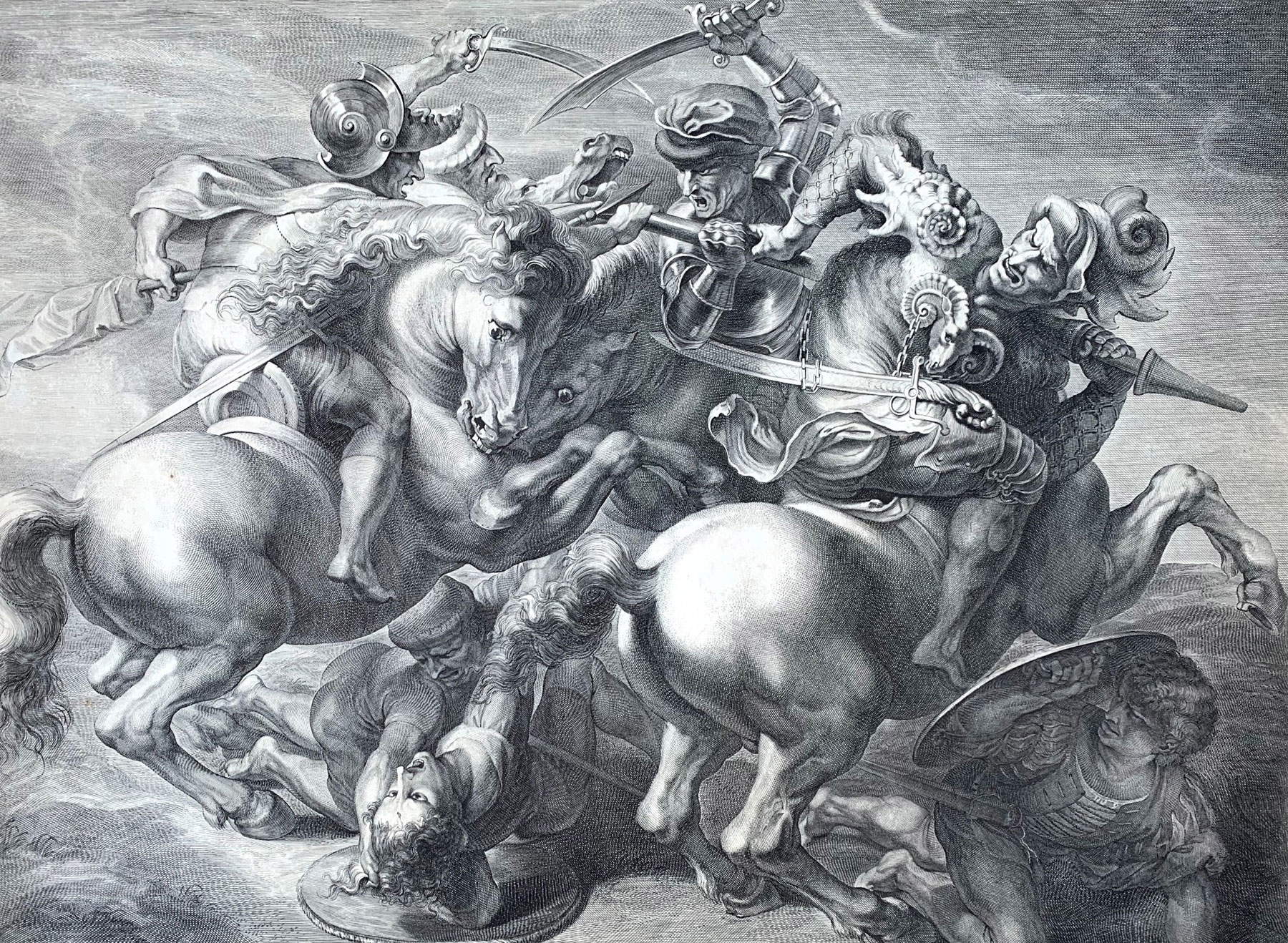 Gérard Edelinck, Lotta di cavalieri dalla Battaglia di Anghiari di Leonardo da Vinci (1657-1666; incisione a bulino, 606 x 450 mm; Anghiari, Museo della Battaglia) Gérard Edelinck, Lotta di cavalieri dalla Battaglia di Anghiari di Leonardo da Vinci (1657-1666; incisione a bulino, 606 x 450 mm; Anghiari, Museo della Battaglia)