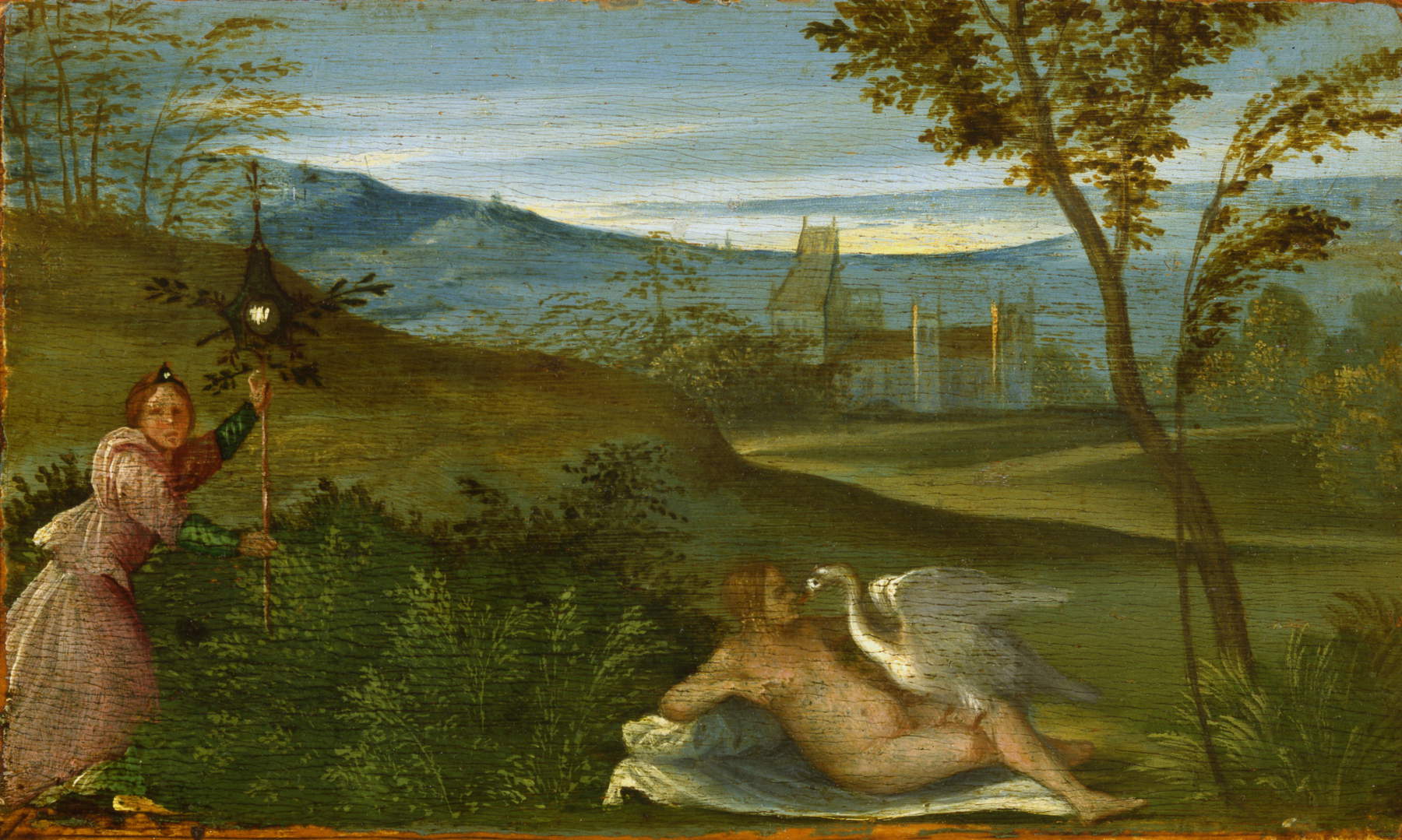 Giorgione, Leda und der Schwan (Ende 15. Jahrhundert; Öl auf Tafel, 12 x 19 cm; Padua, Musei Civici agli Eremitani, Museo d'Arte Medievale e Moderna) Giorgione, Leda und der Schwan (Ende 15. Jahrhundert; Öl auf Tafel, 12 x 19 cm; Padua, Musei Civici agli Eremitani, Museo d'Arte Medievale e Moderna)