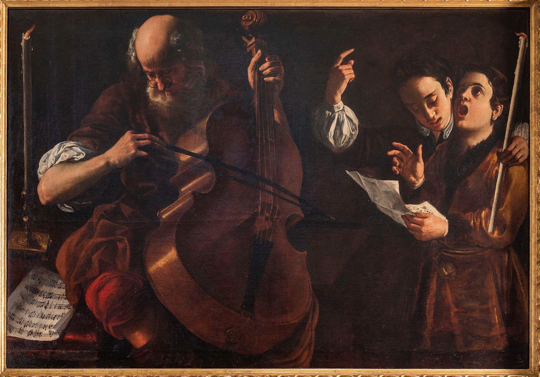 Giovan Domenico Lombardi detto L’Omino, Concerto con vecchio che suona il violone e due giovani cantori (1720-1725; circa Collezione privata) Giovan Domenico Lombardi detto L’Omino, Concerto con vecchio che suona il violone e due giovani cantori (1720-1725; circa Collezione privata)