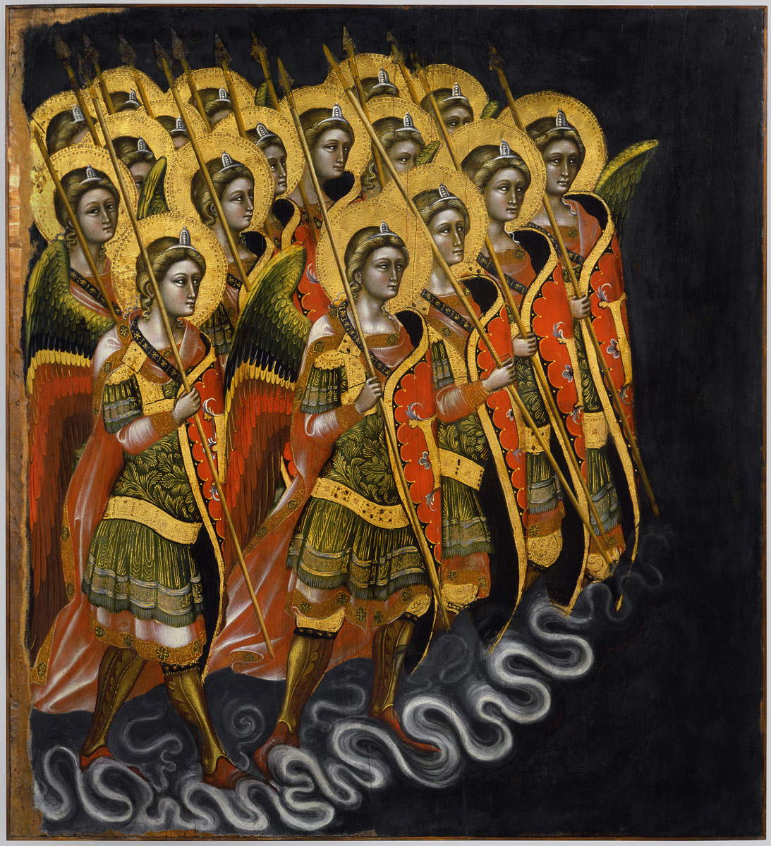 Guariento, Aufstellung bewaffneter Engel (Mitte 14. Jahrhundert; Tempera auf Tafel, 110 x 107 cm; Padua, Musei Civici agli Eremitani, Museo d'Arte Medievale e Moderna) Guariento, Aufstellung bewaffneter Engel (Mitte 14. Jahrhundert; Tempera auf Tafel, 110 x 107 cm; Padua, Musei Civici agli Eremitani, Museo d'Arte Medievale e Moderna)