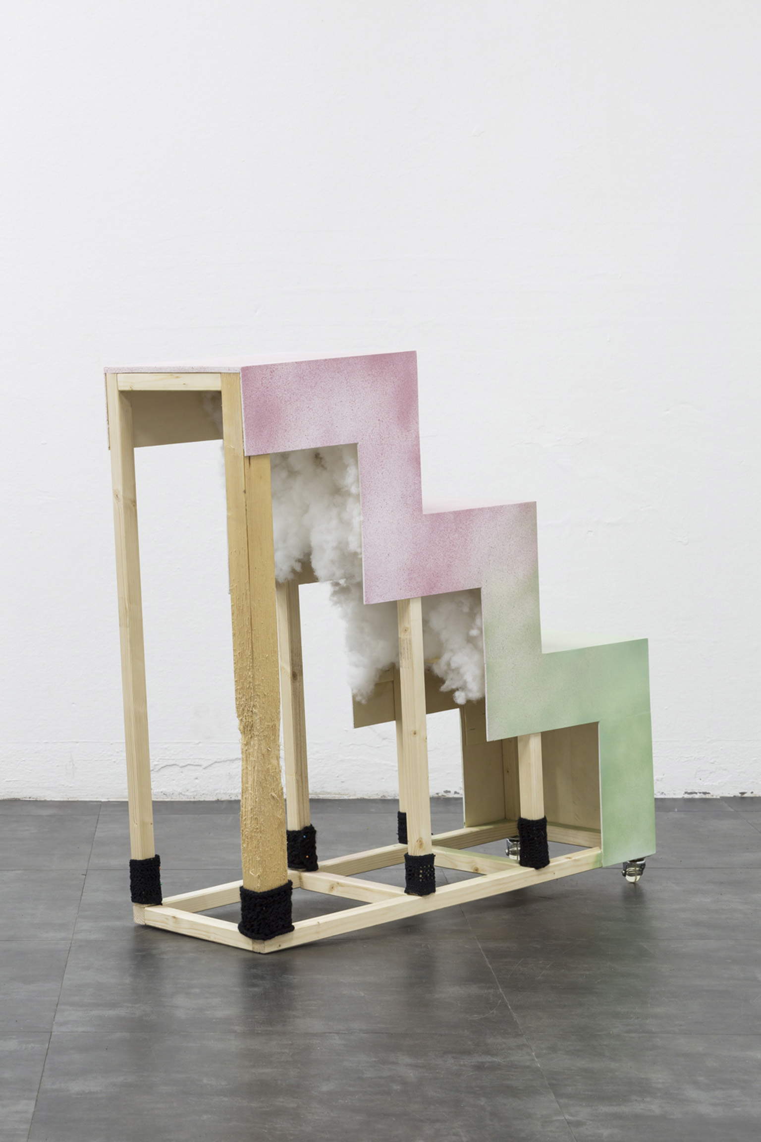 Ivana Spinelli, Ladder V^V^V Feline Sculpture (2020; wood, spray color, crochet, casters, wadding, 87 x 89 x 31 cm)