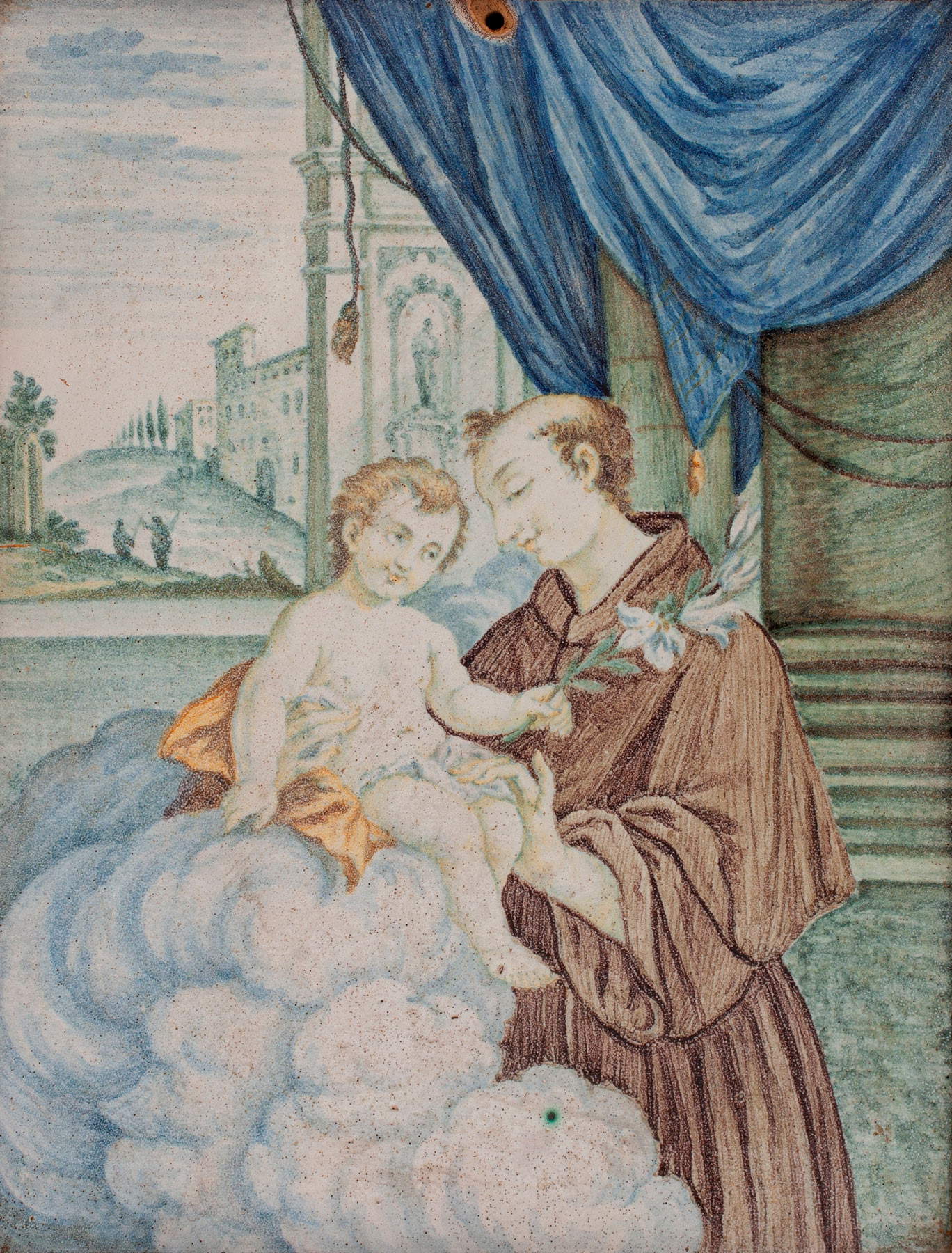 Liborio Grue (attribué), Saint Antoine et l'Enfant Jésus (vers 1760-70 ; majolique polychrome, 27 x 20,7 cm ; Teramo, Pinacoteca Civica) Liborio Grue (attribué), Saint Antoine et l'Enfant Jésus (vers 1760-70 ; majolique polychrome, 27 x 20,7 cm ; Teramo, Pinacoteca Civica)