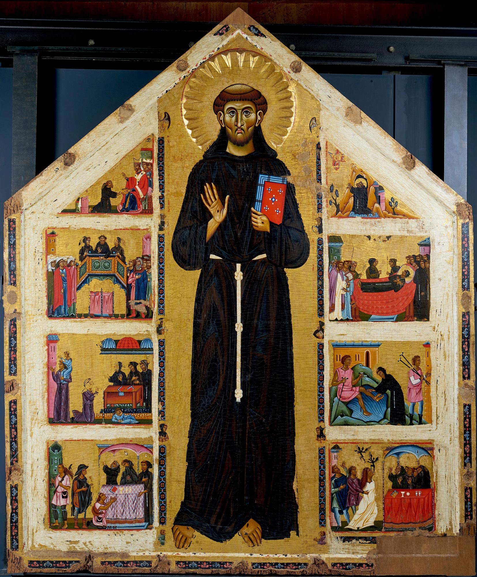 Meister des Kreuzes Nr. 434, Der heilige Franziskus und acht Geschichten aus seinem Leben (um 1250-1260; Tempera auf Tafel; Pistoia, Museo Civico) Meister des Kreuzes Nr. 434, Der heilige Franziskus und acht Geschichten aus seinem Leben (um 1250-1260; Tempera auf Tafel; Pistoia, Museo Civico)