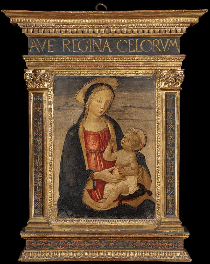 Lorenzo di Giovanni di Nofri detto Maestro di San Miniato, Madonna col Bambino (post 1466; tempera su tavola, cornice intagliata, dorata e dipinta, 42,5 x 30 cm, con cornice 70 x 48,5 cm; Firenze, Gallerie degli Uffizi) Lorenzo di Giovanni di Nofri detto Maestro di San Miniato, Madonna col Bambino (post 1466; tempera su tavola, cornice intagliata, dorata e dipinta, 42,5 x 30 cm, con cornice 70 x 48,5 cm; Firenze, Gallerie degli Uffizi)