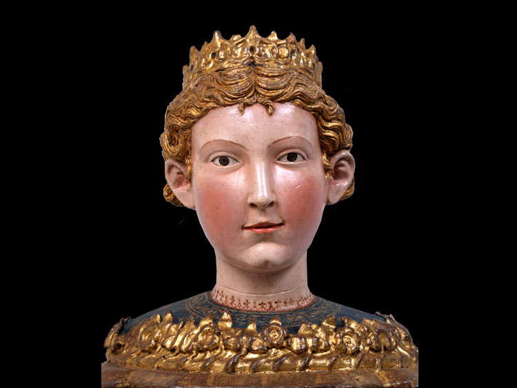 Mariano d'Agnolo Romanelli, Reliquary bust of a saint, possibly St. Ursula (1380-1390; carved and painted wood; San Gimignano, Musei Civici, Pinacoteca) Mariano d'Agnolo Romanelli, Reliquary bust of a saint, possibly St. Ursula (1380-1390; carved and painted wood; San Gimignano, Musei Civici, Pinacoteca)