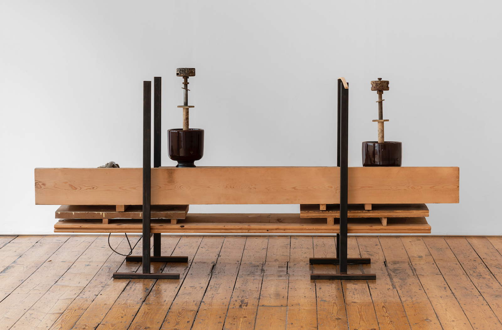 Micol Ass&auml;el, Iken (2020; iron, wood, ceramic, and telephone, 114 x 227 x 90.5 cm)