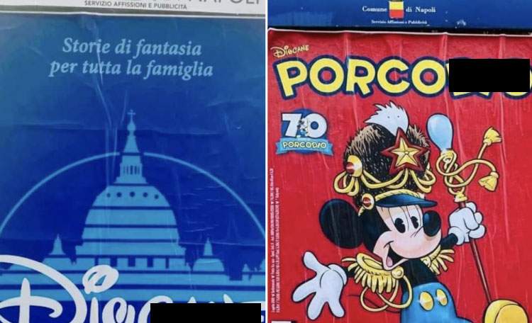 Naples, posters with profanity appear to promote exhibition. Controversy ensues