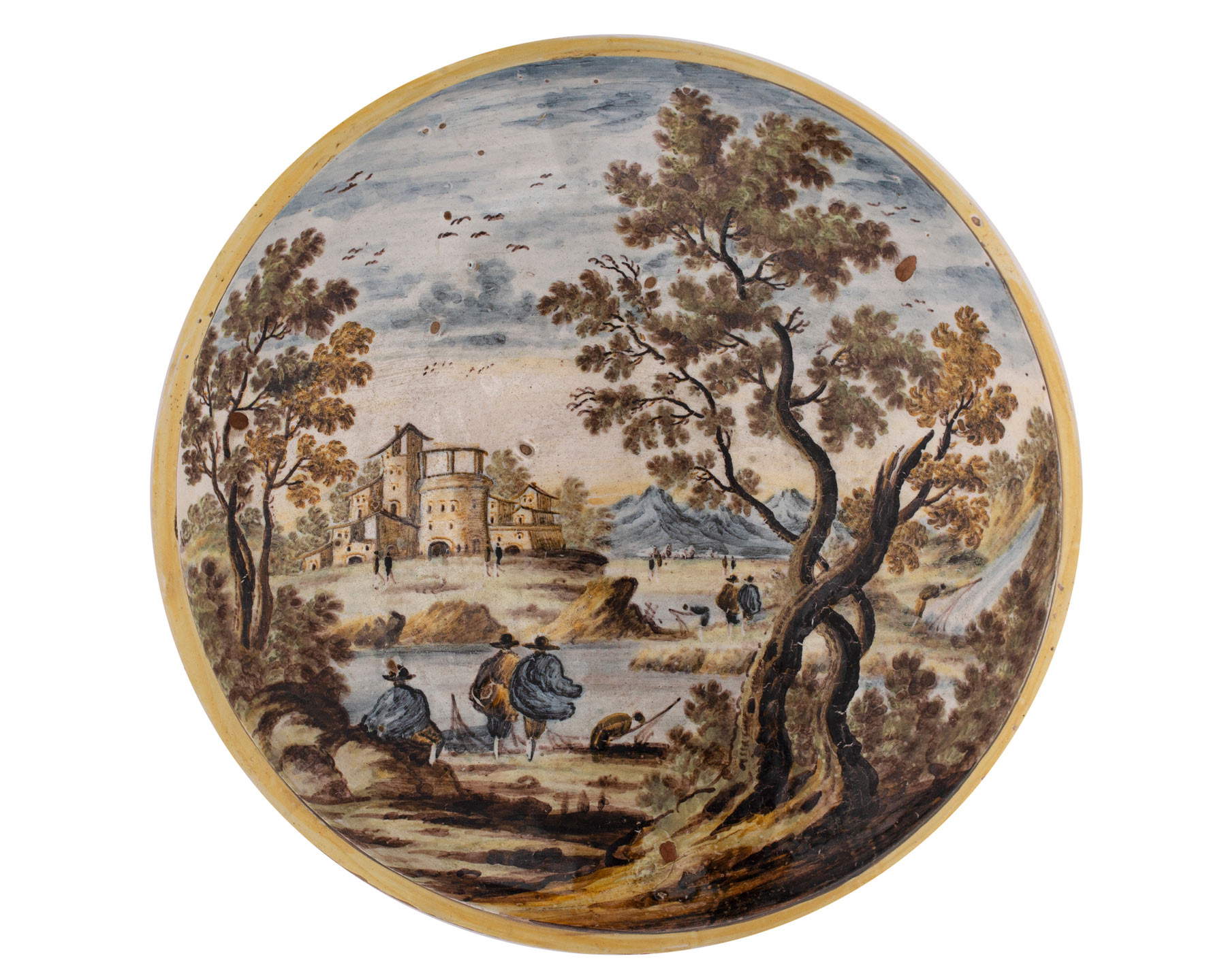 Nicola Grue le Jeune, Tondo istoriato con paesaggio (vers 1750-80 ; majolique polychrome, diamètre 21,5 cm - 22,4 cm ; Teramo, Pinacoteca Civica) Nicola Grue le Jeune, Tondo istoriato con paesaggio (vers 1750-80 ; majolique polychrome, diamètre 21,5 cm - 22,4 cm ; Teramo, Pinacoteca Civica)