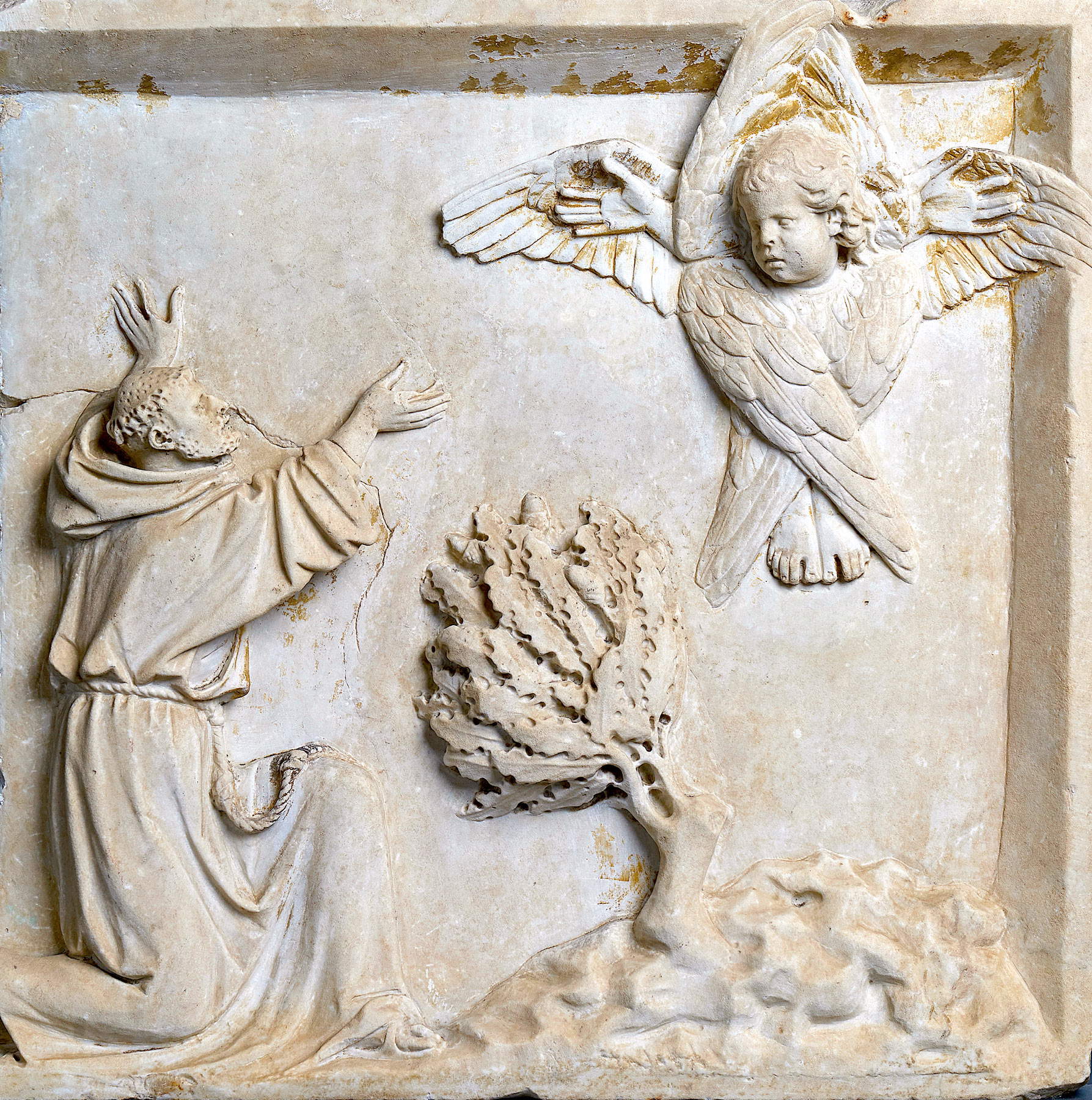 Nicola Pisano, Der heilige Franziskus empfängt die Stigmata (frühes achtes Jahrzehnt des 13. Jahrhunderts; Marmor; Pistoia, Museo Civico, Inv. 1975, Nr. 9) Nicola Pisano, Der heilige Franziskus empfängt die Stigmata (frühes achtes Jahrzehnt des 13. Jahrhunderts; Marmor; Pistoia, Museo Civico, Inv. 1975, Nr. 9)