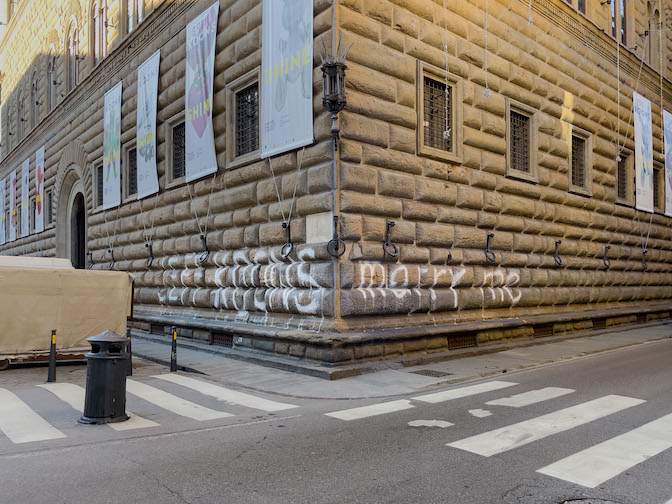 Florence, Palazzo Strozzi facade vandalized with huge writing
