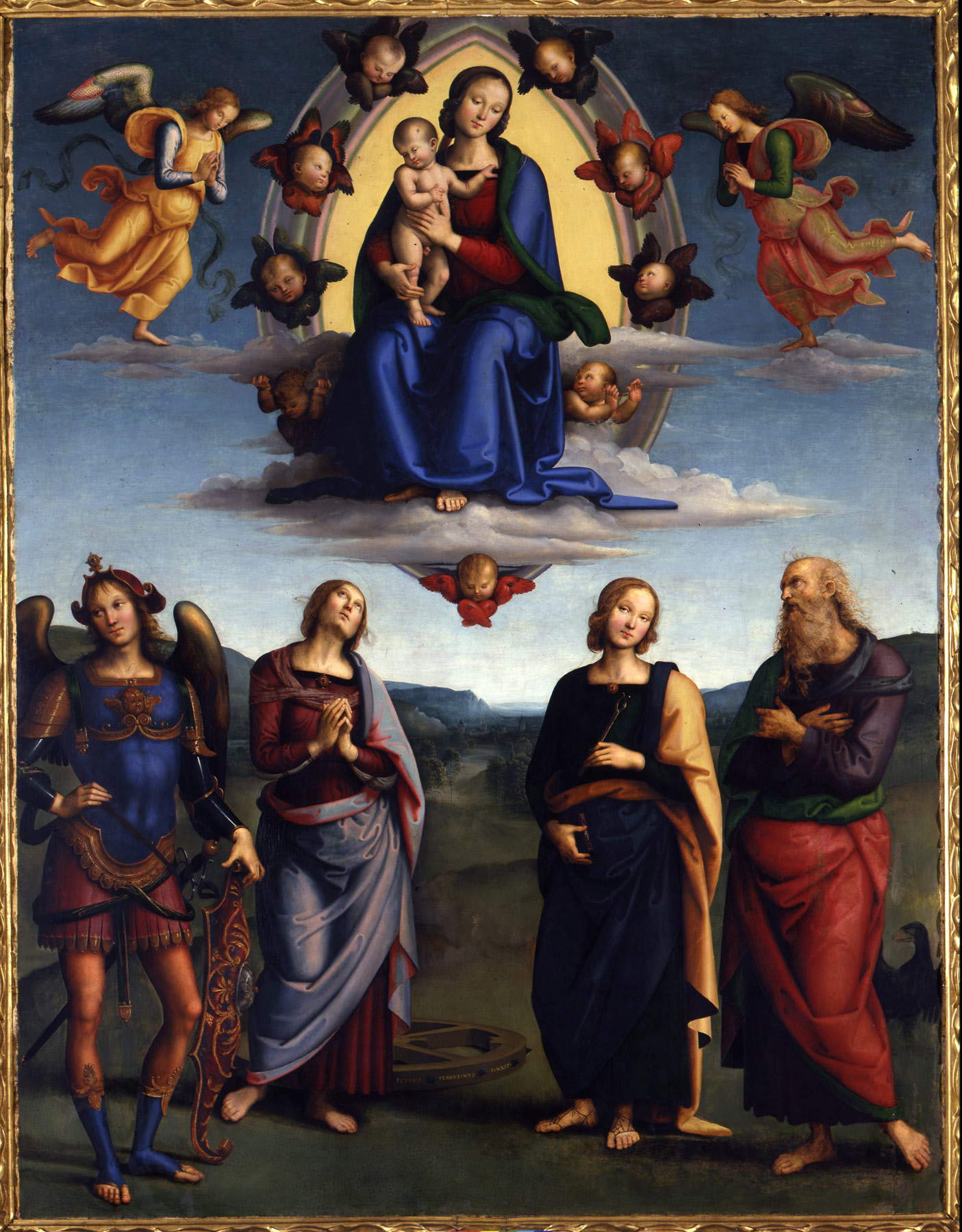 Perugino, Madonna col Bambino in gloria e i santi Michele, Caterina d'Alessandria, Apollonia e Giovanni Evangelista - Pala Scarani (1500 circa; olio su tavola; Bologna, Pinacoteca Nazionale)