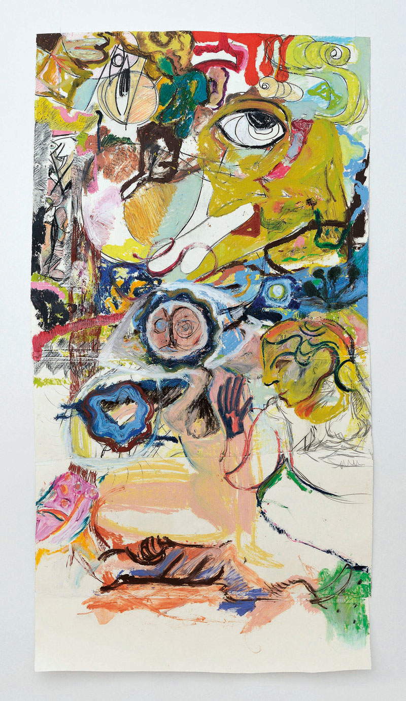 Pesce Khete, Untitled (2021; Pigment stick, graphite, silicone, oil paint and artist tape on cotton paper, 277 x 140 cm)