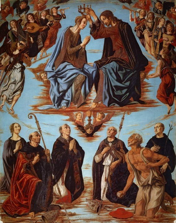 Piero del Pollaiolo, Coronation of the Virgin with Saints and Musician Angels (1483; tempera on panel; San Gimignano, Church of Sant'Agostino) Piero del Pollaiolo, Coronation of the Virgin with Saints and Musician Angels (1483; tempera on panel; San Gimignano, Church of Sant'Agostino)