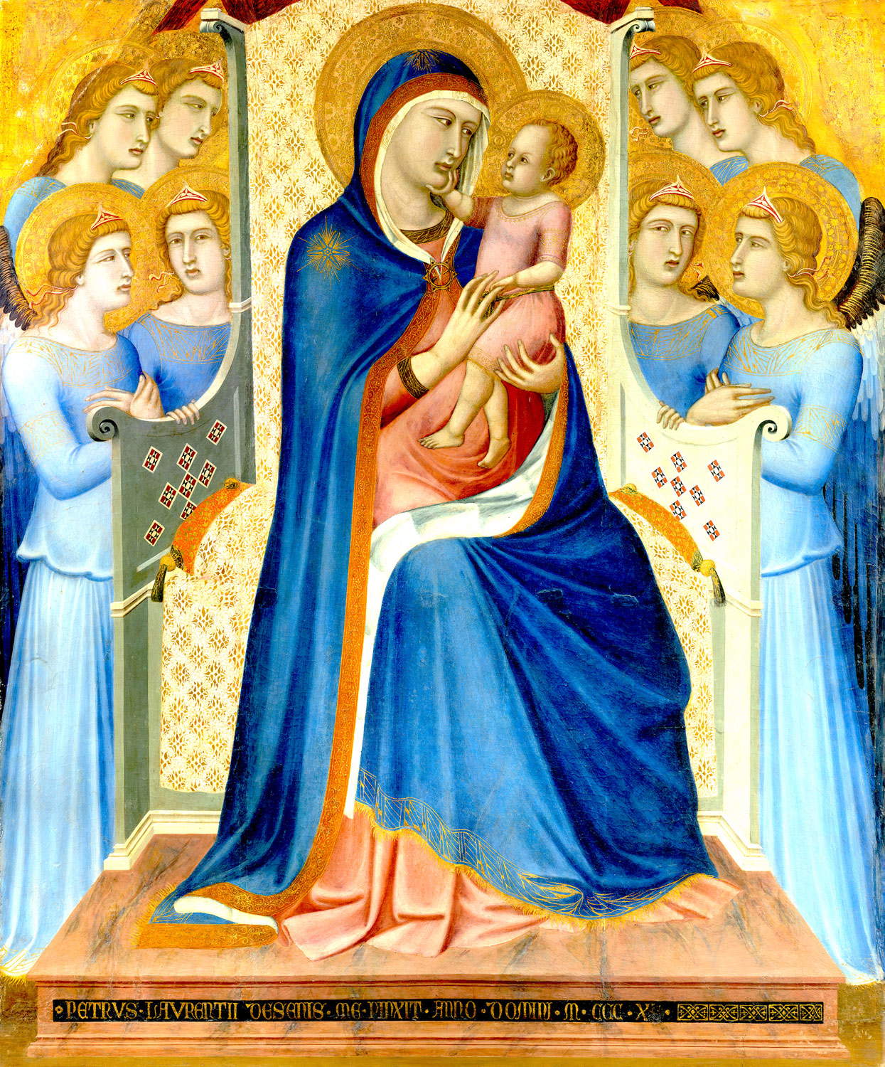 Pietro Lorenzetti, Thronende Madonna mit Kind und acht Engeln, Details (1340; Tempera auf Tafel; Florenz, Uffizien, Galerie der Statuen und Gemälde) Pietro Lorenzetti, Thronende Madonna mit Kind und acht Engeln, Details (1340; Tempera auf Tafel; Florenz, Uffizien, Galerie der Statuen und Gemälde)