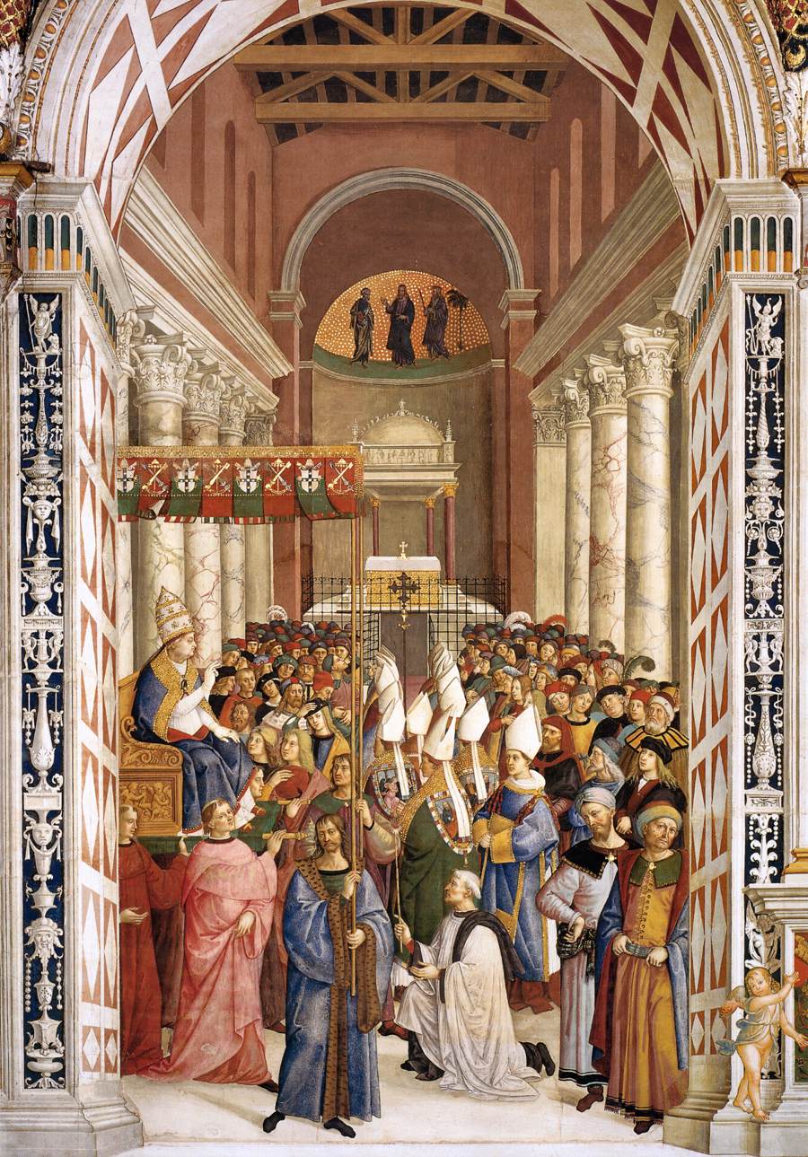 Pinturicchio, L'incoronazione di Enea Silvio Piccolomini come papa Pio II (1502-1508; affresco; Siena, Libreria Piccolomini) Pinturicchio, L'incoronazione di Enea Silvio Piccolomini come papa Pio II (1502-1508; affresco; Siena, Libreria Piccolomini)