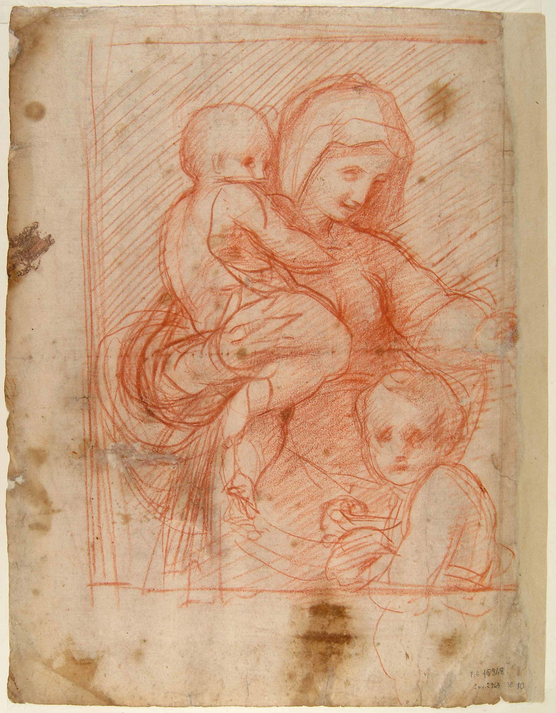 Jacopo Pontormo, Madonna con il Bambino e san Giovannino (1514-1515 sanguigna su carta vergata avorio, 345 x 265 mm; Roma, Istituto Centrale per la Grafica, Fondo Nazionale, inv. FN2943r)