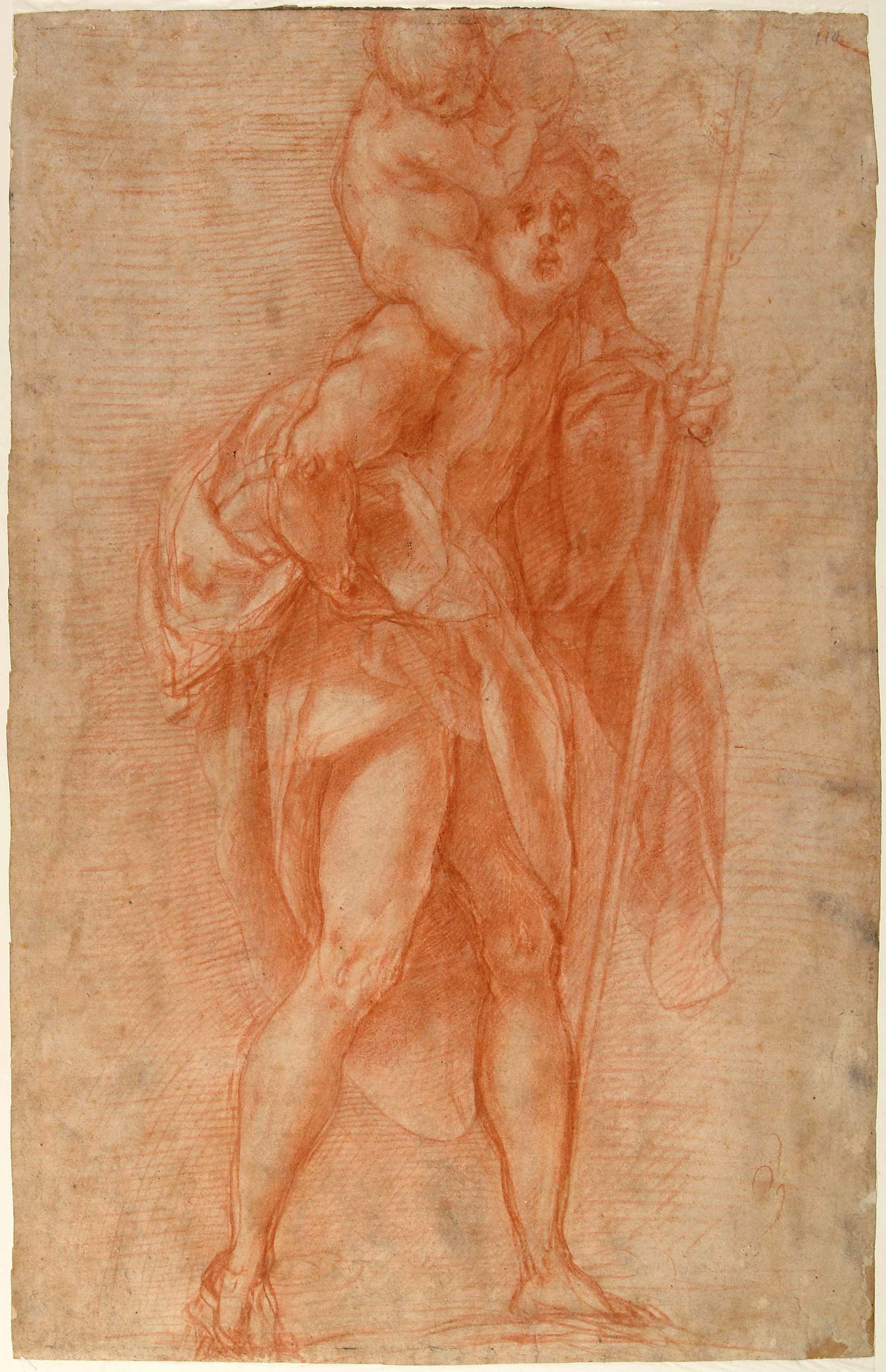 Jacopo Pontormo, San Cristoforo (1519 - 1522 sanguigna e tracce di gesso su carta vergata avorio, 410x261 mm; Roma, Istituto Centrale per la Grafica, Fondo Corsini, inv. FC124254r)