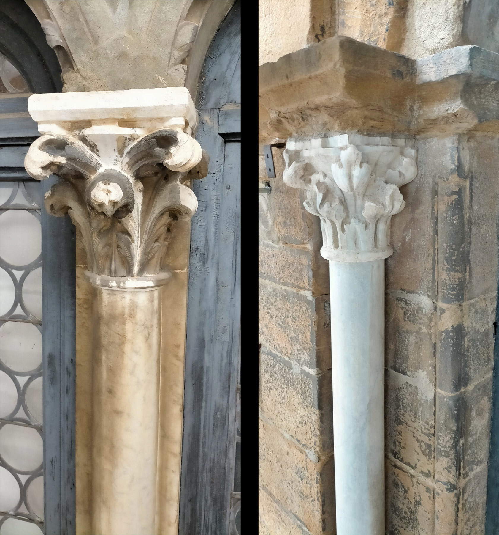 Une des colonnes avant et après restauration Une des colonnes avant et après restauration