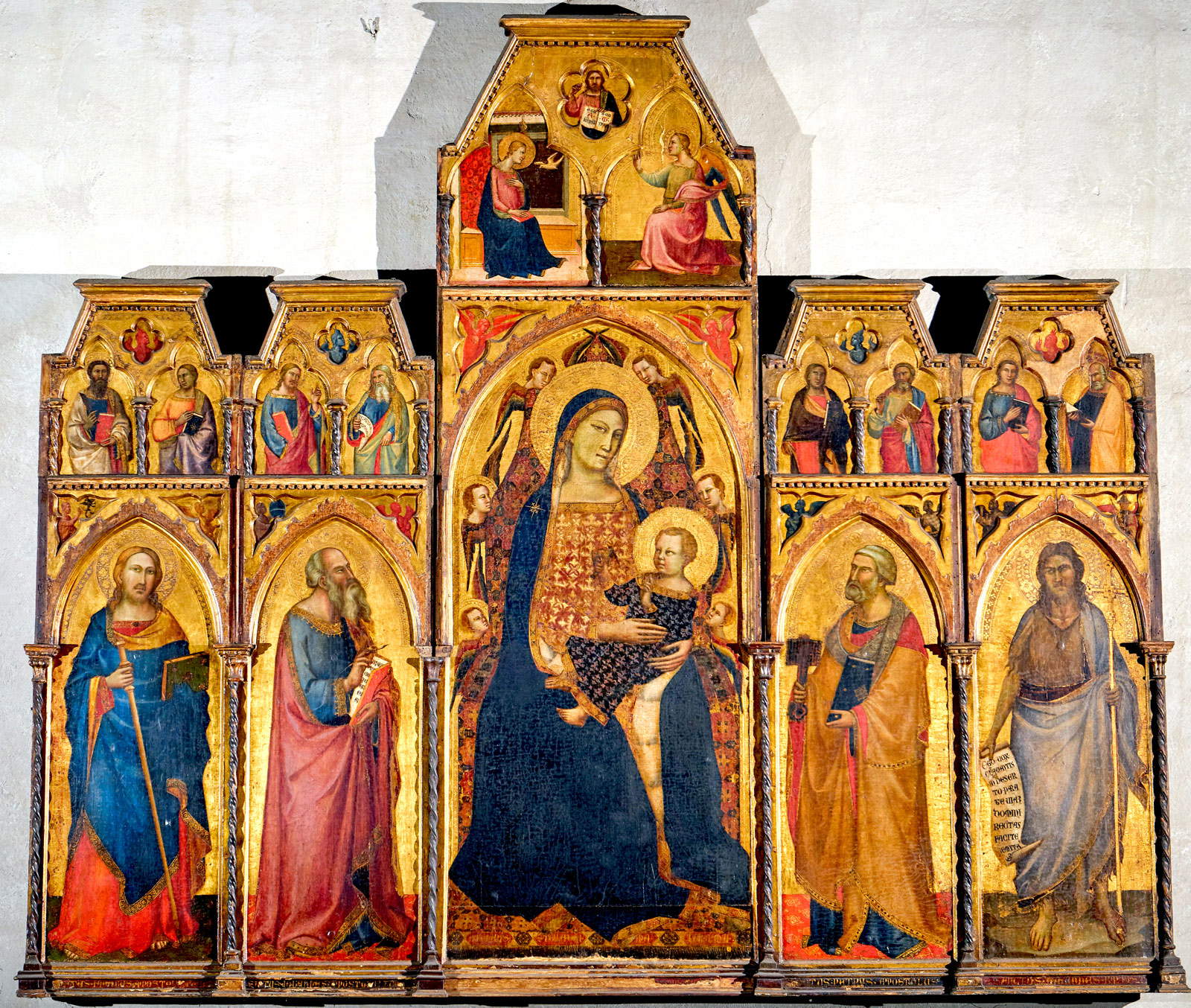 Taddeo Gaddi, Polyptychon von San Giovanni Fuorcivitas: Madonna und Kind mit Putten; Jakobus der Große, Johannes der Evangelist, Petrus, Johannes der Täufer; Verkündigung und Segnung Christi; Heilige Apostel (um 1350-1353; Gold und Tempera auf Tafel; Pistoia, Kirche San Giovanni Fuorcivitas) Taddeo Gaddi, Polyptychon von San Giovanni Fuorcivitas: Madonna und Kind mit Putten; Jakobus der Große, Johannes der Evangelist, Petrus, Johannes der Täufer; Verkündigung und Segnung Christi; Heilige Apostel (um 1350-1353; Gold und Tempera auf Tafel; Pistoia, Kirche San Giovanni Fuorcivitas)