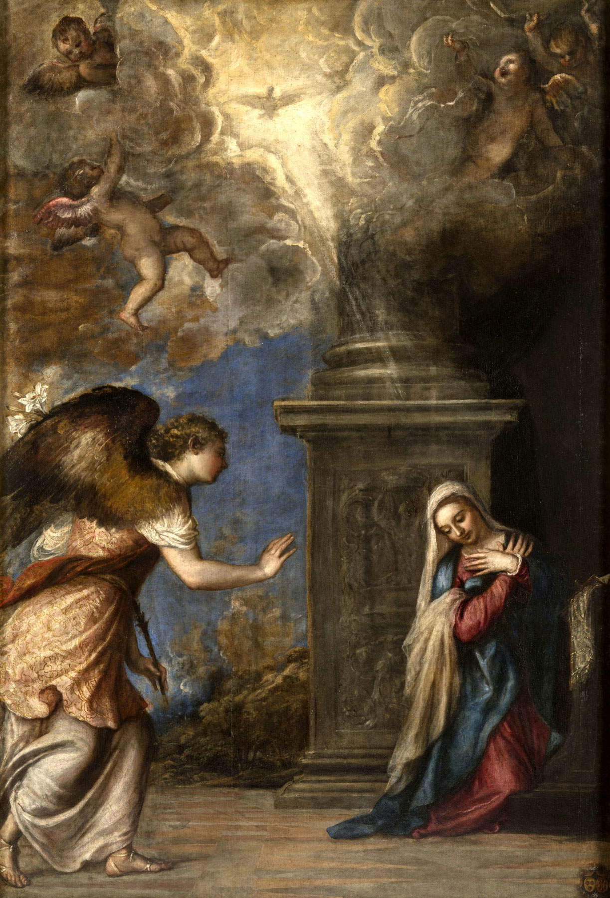 Tiziano, Annunciazione (1558 circa; olio su tela, 280 x 193 cm; Napoli, Museo e Real Bosco di Capodimonte, in deposito dalla chiesa di San Domenico Maggiore a Napoli) Tiziano, Annunciazione (1558 circa; olio su tela, 280 x 193 cm; Napoli, Museo e Real Bosco di Capodimonte, in deposito dalla chiesa di San Domenico Maggiore a Napoli)