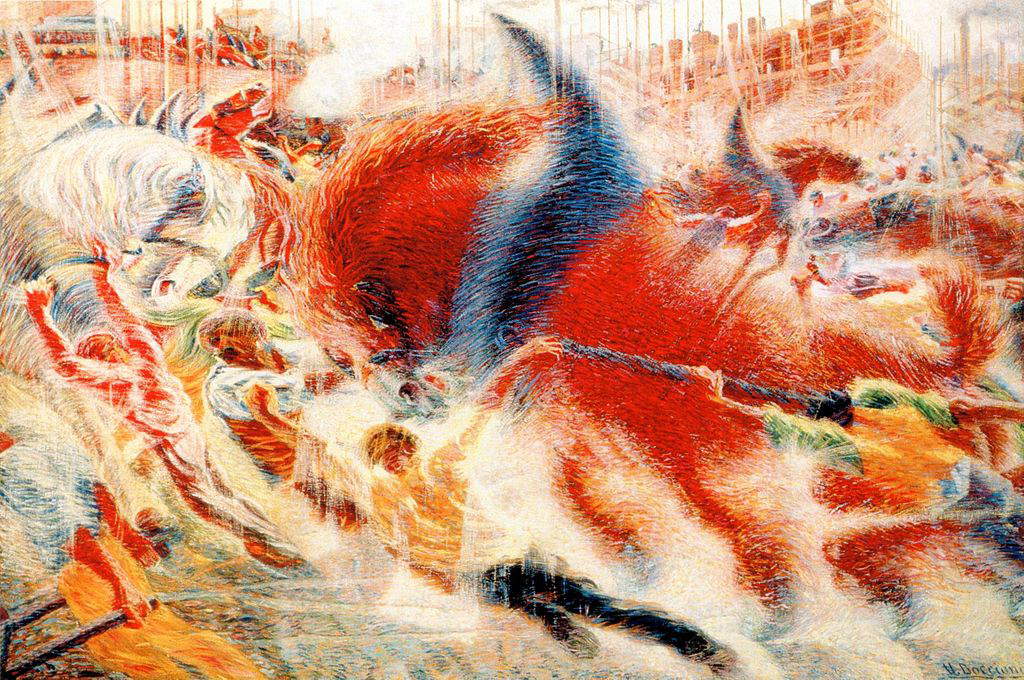 Umberto Boccioni, La città che sale (1910; olio su tela, 199,3 x 301 cm; New York, Museum of Modern Art)