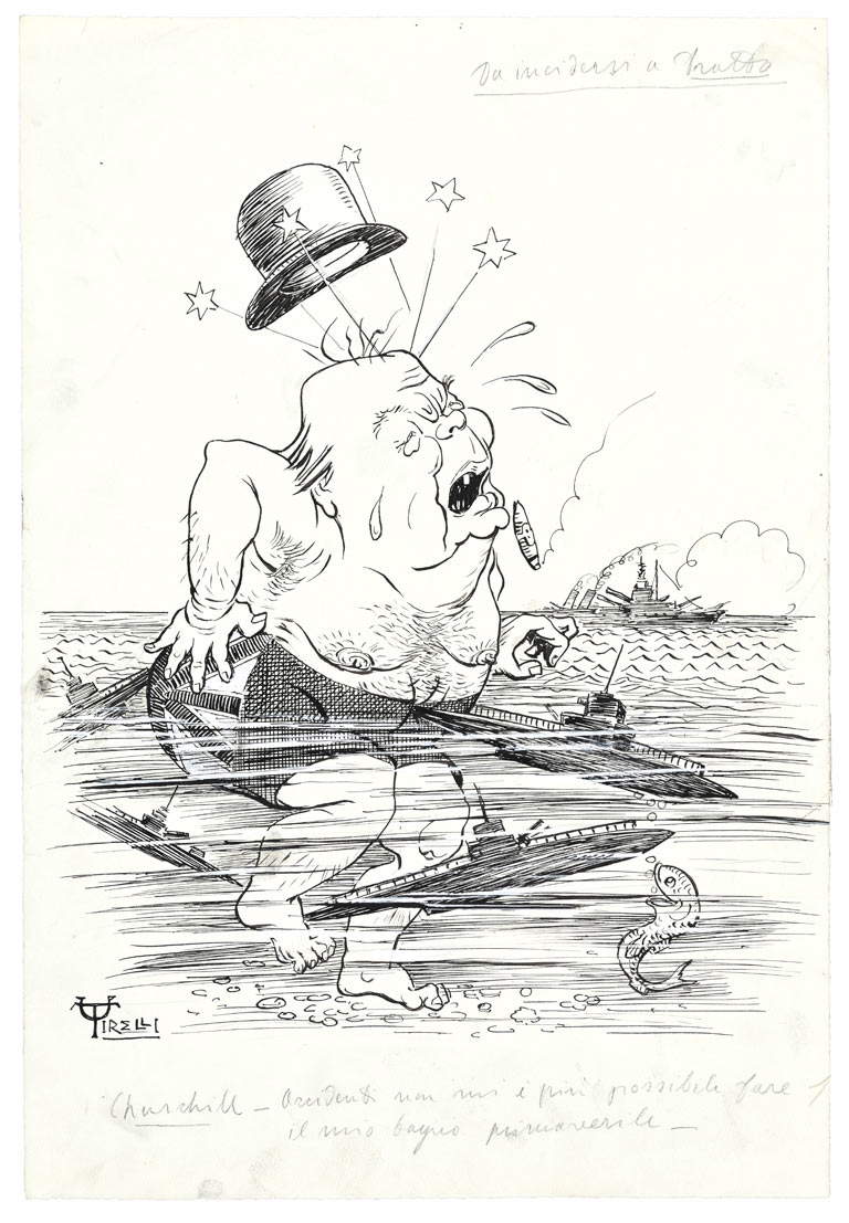 Umberto Tirelli, Bataille de l'Atlantique (encre de Chine, tempera et crayon sur papier ; Modène, collection privée) Umberto Tirelli, Bataille de l'Atlantique (encre de Chine, tempera et crayon sur papier ; Modène, collection privée)
