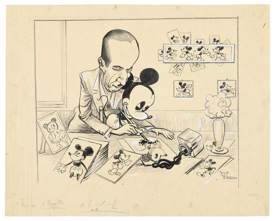 Umberto Tirelli, Étude et caricature de Walt Disney avec Mickey Mouse (encre, crayon et tempera sur papier ; Modène, Collection privée) Umberto Tirelli, Étude et caricature de Walt Disney avec Mickey Mouse (encre, crayon et tempera sur papier ; Modène, Collection privée)