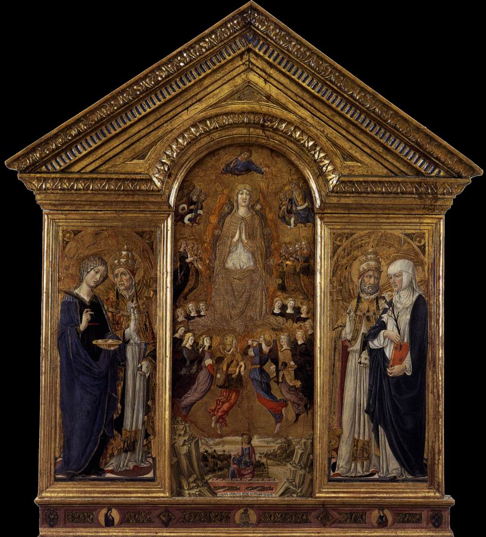 Vecchietta, Assunzione della Madonna tra i santi Agata, Pio, Callisto e Caterina da Siena (1462-1463; tempera su tavola, 280 x 225 cm; Pienza, Duomo) Vecchietta, Assunzione della Madonna tra i santi Agata, Pio, Callisto e Caterina da Siena (1462-1463; tempera su tavola, 280 x 225 cm; Pienza, Duomo)