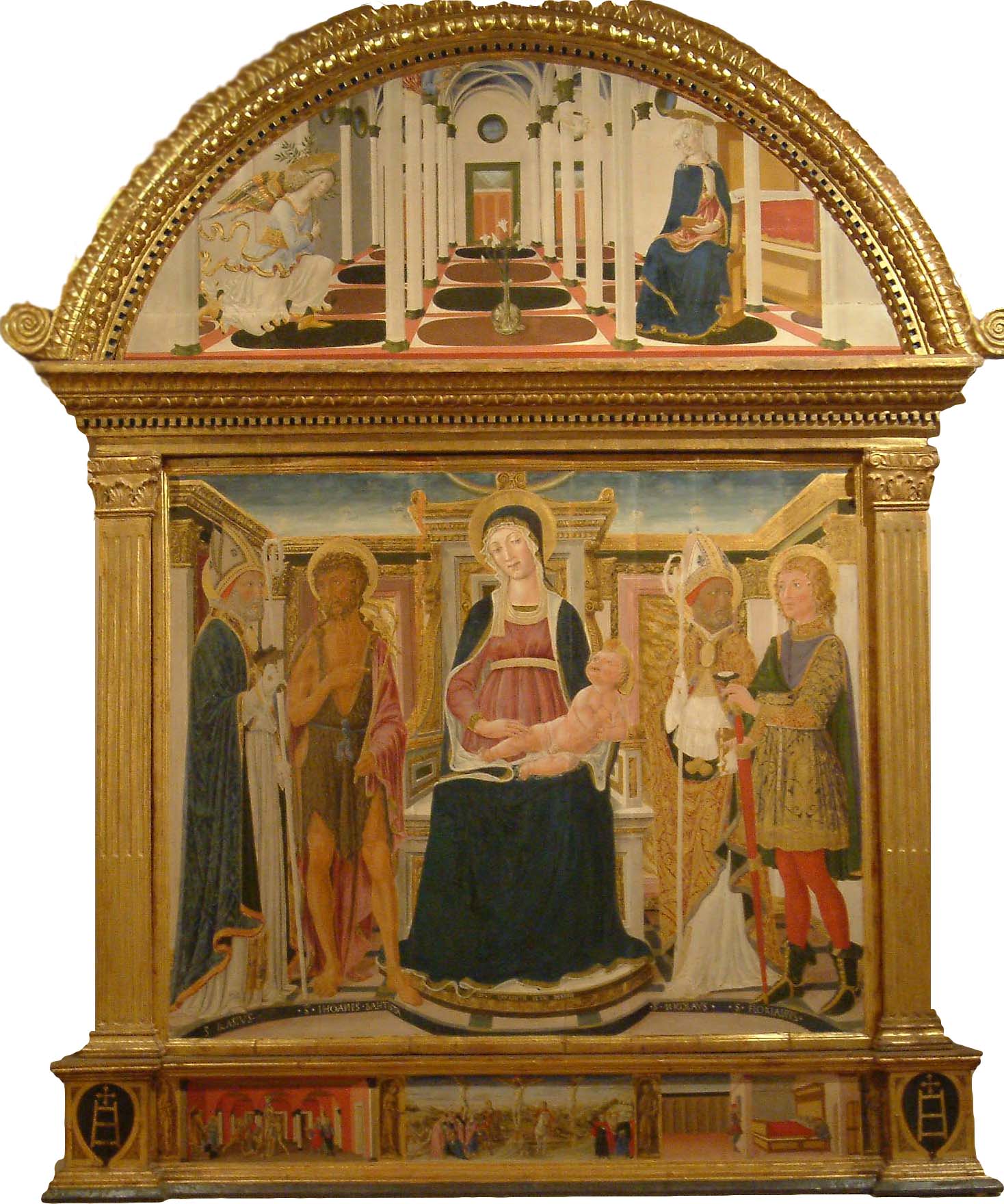 Vecchietta, Madonna col Bambino in trono tra i santi Biagio, Giovanni Battista, Nicola e Floriano (1460-1462; tempera su tavola; Pienza, Museo Diocesano - Palazzo Borgia) Vecchietta, Madonna col Bambino in trono tra i santi Biagio, Giovanni Battista, Nicola e Floriano (1460-1462; tempera su tavola; Pienza, Museo Diocesano - Palazzo Borgia)