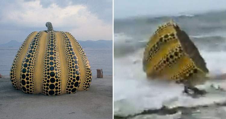 Japon, la citrouille géante de Yayoi Kusama sur la jetée de Naoshima endommagée par le typhon