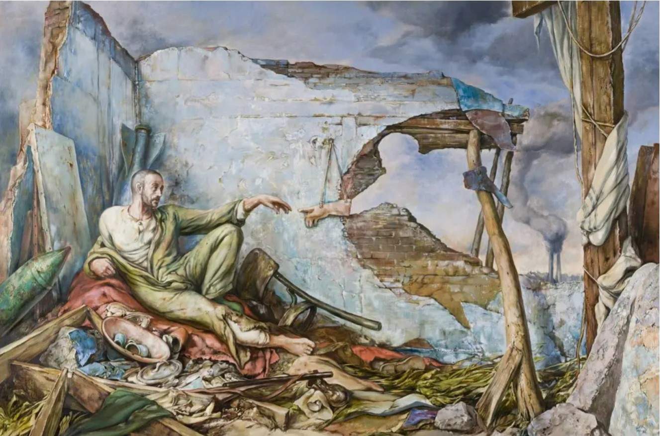 Samuel Bak, La creación en tiempos de guerra III (1999-2008; óleo sobre lienzo, 191 x 127 cm). Cortesía de The Pucker Gallery, Boston 