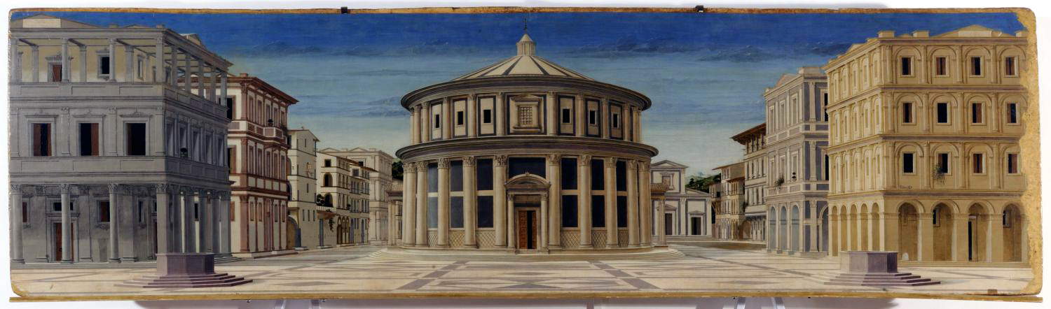 Pittore dell’Italia centrale (già attribuita a Luciano Laurana), Città Ideale (1480-1490?; olio su tavola, 67,7 x 239,4 cm; Urbino, Galleria Nazionale delle Marche)
