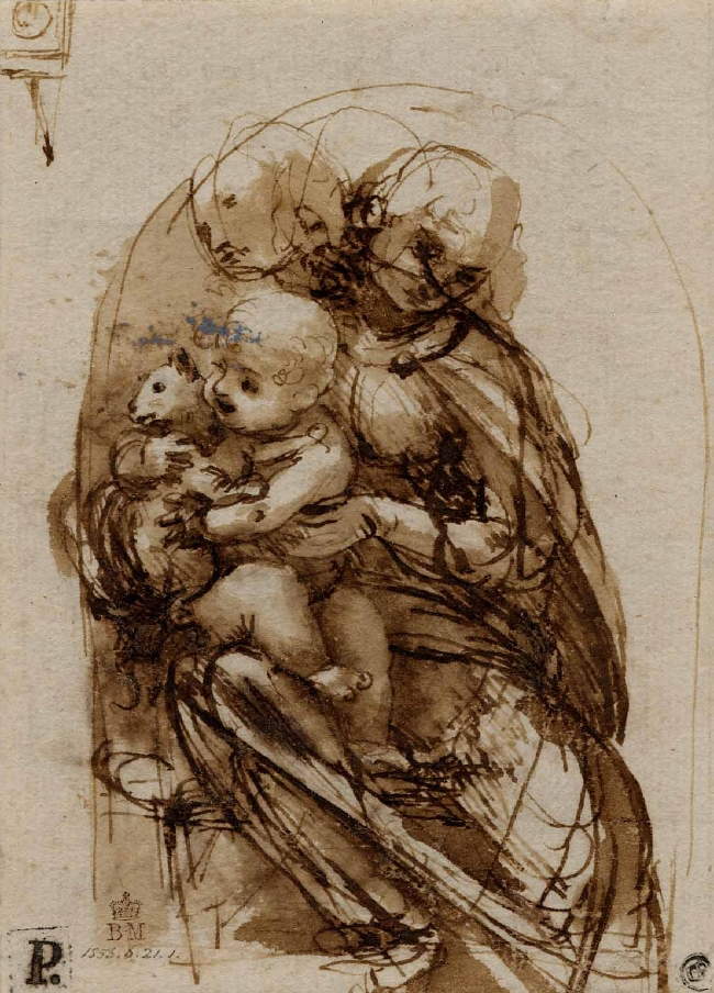Leonardo da Vinci, Studio per la Madonna del gatto (1478-1481 circa; penna e inchiostro bruno su carta, 130 x 94 mm; Londra, British Museum, 1856-0621-1, verso) 