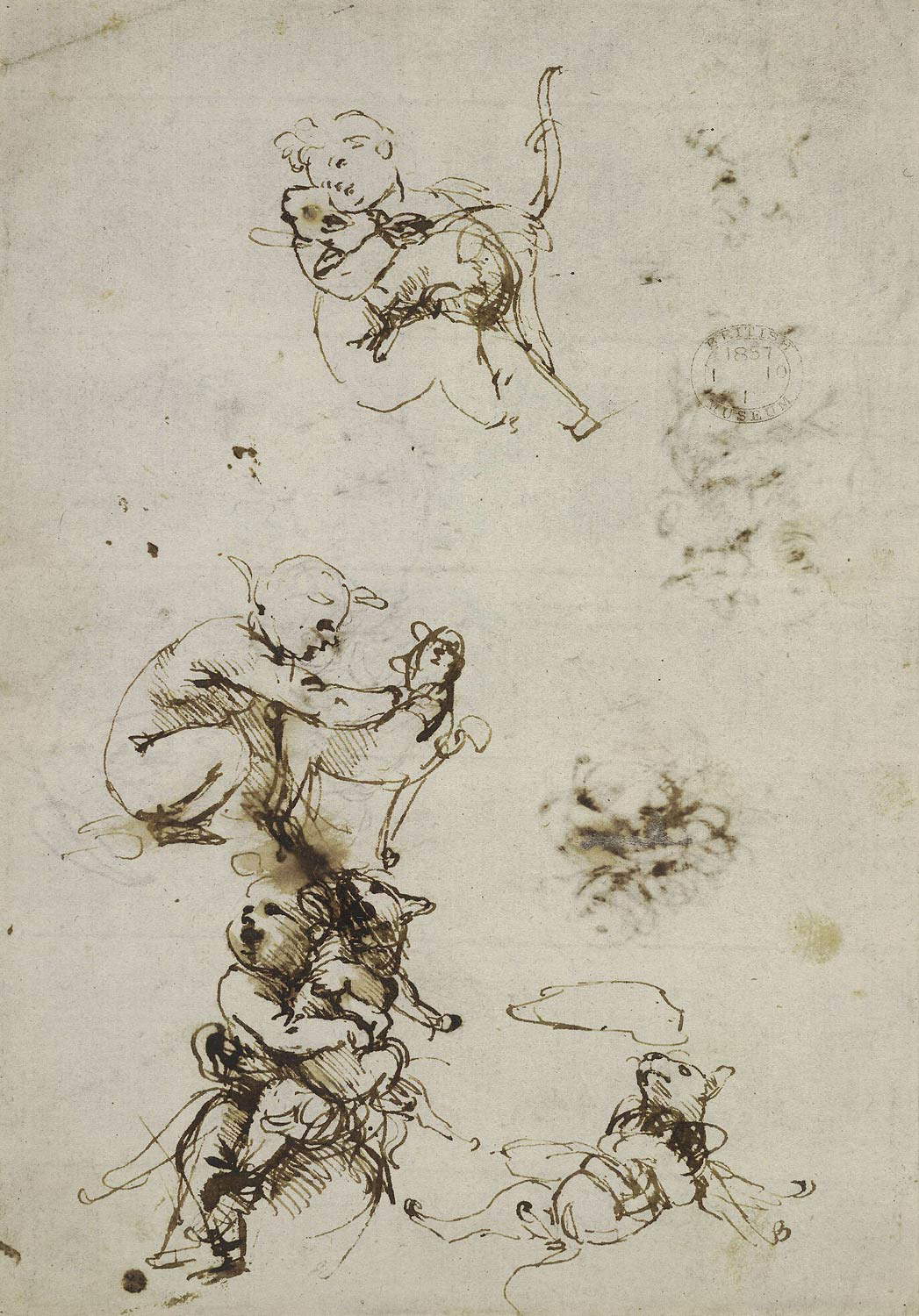Leonardo da Vinci, Studio di un bambino che gioca con un gatto e un gatto (1478-1481 circa; penna e inchiostro bruno su carta, 213 x 149 mm; Londra, British Museum, inv. 1857-1-10-1, recto) 