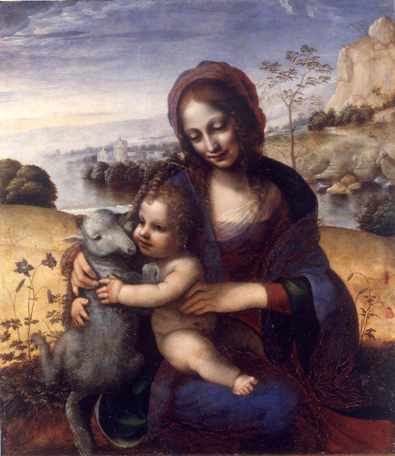 Pittore leonardesco (Cesare da Sesto o Fernando Yañez), Madonna con il Bambino e l'agnellino (1502-1505; olio su tavola, 60 x 52 cm; Milano, Pinacoteca di Brera) 