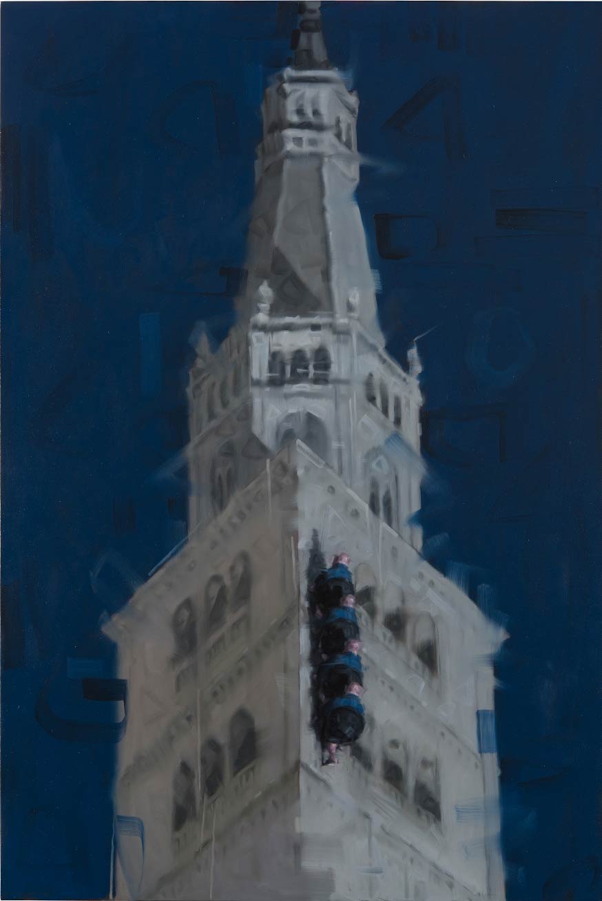 Wainer Vaccari, Di torre in torre (2016; olio su tela, 150 x 100 cm; Modena, Collezione Galassi Ferrari)
