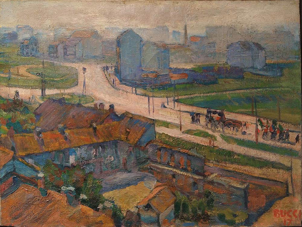 Anselmo Bucci, Il funerale dell'eroe (1917; olio su tela, 55 x 72 cm; Collezione privata) Anselmo Bucci, Il funerale dell'eroe (1917; olio su tela, 55 x 72 cm; Collezione privata)