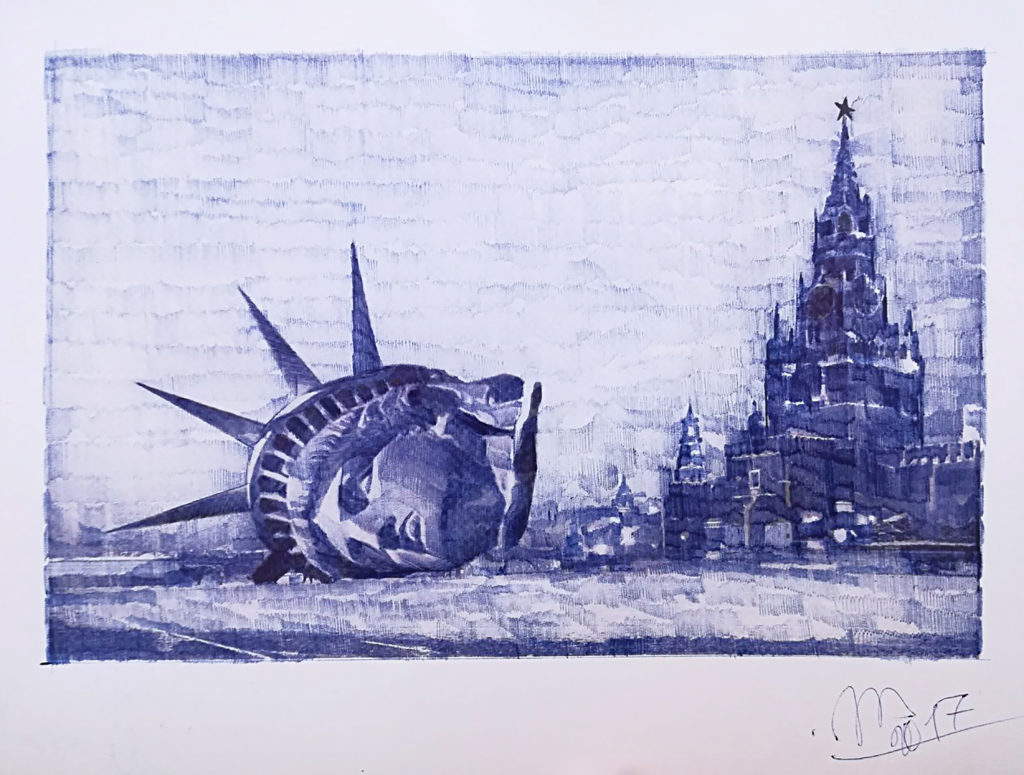 Andrei Molodkin, Liberty on the Red Square III (2017; penna a sfera blu su carta, 32 x 50 cm) Andrei Molodkin, Liberty on the Red Square III (2017; penna a sfera blu su carta, 32 x 50 cm)
