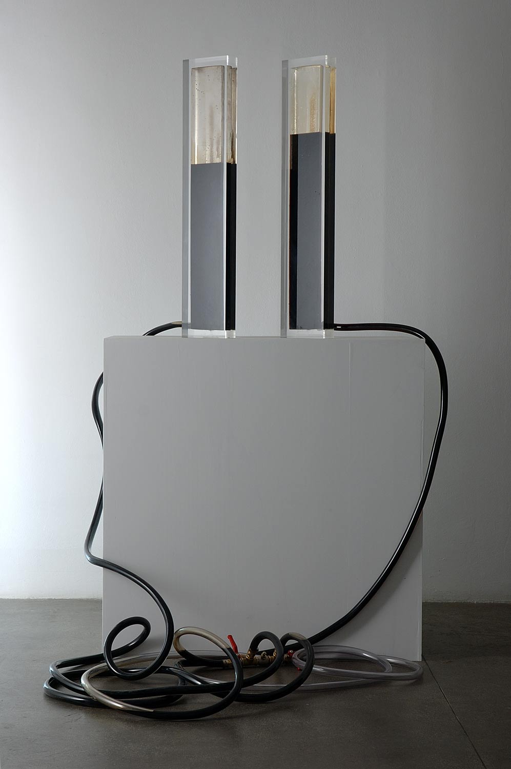 Andrei Molodkin, Twin Towers (2006, blocco acrilico riempito di petrolio greggio, pompa, compressore e podio in alluminio, 2 elementi in resina, 90,5 x 17,5 x 6 cm ciascuno, ed. 1/3) Andrei Molodkin, Twin Towers (2006, blocco acrilico riempito di petrolio greggio, pompa, compressore e podio in alluminio, 2 elementi in resina, 90,5 x 17,5 x 6 cm ciascuno, ed. 1/3)