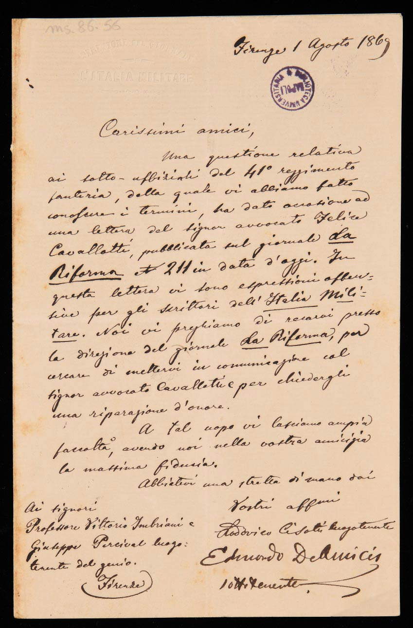 Brief von Edmondo De Amicis