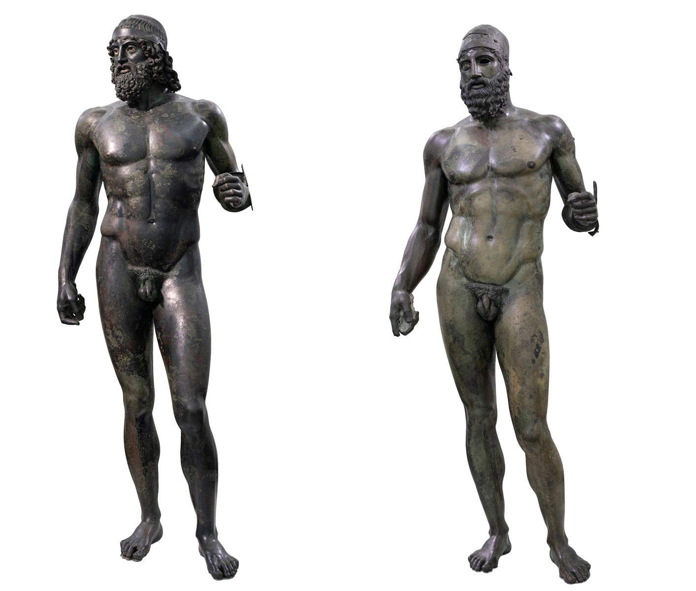 Artista ignoto, Bronzi di Riace (V secolo a.C.; bronzo, 198 cm la Statua A - a sinistra - , 197 cm la Statua B - a destra; Reggio Calabria, Museo Archeologico Nazionale) Artista ignoto, Bronzi di Riace (V secolo a.C.; bronzo, 198 cm la Statua A - a sinistra - , 197 cm la Statua B - a destra; Reggio Calabria, Museo Archeologico Nazionale)