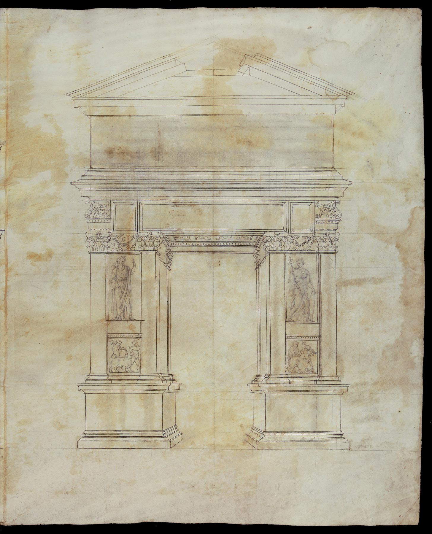 Cerchia dei Sangallo, Rome, Arco degli argentari, élévation, reconstruction (fin de la deuxième - début de la troisième décennie du XVIe siècle ; pointe de métal, règle, compas, plume et encre, 485 x 398 mm ; Florence, Biblioteca Nazionale Centrale, Gino Capponi 386, bif. III, f. 6r)